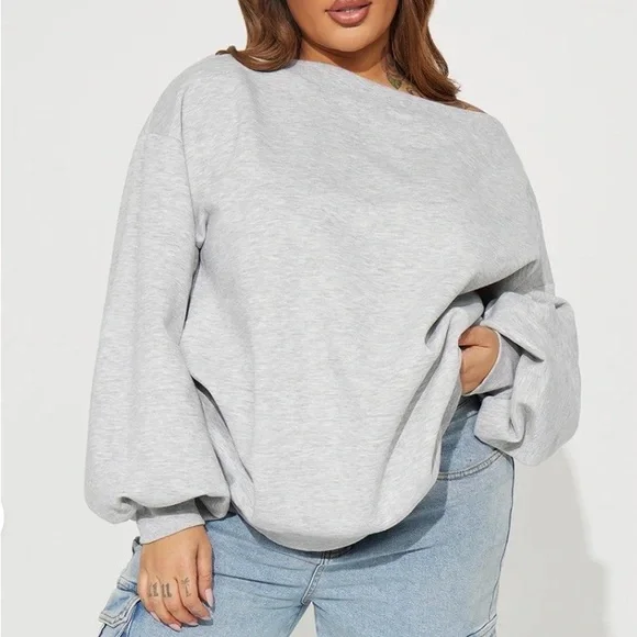 Off-Shoulder, Oversized, Heather Grey Sweatshirt - Picture 3 of 6